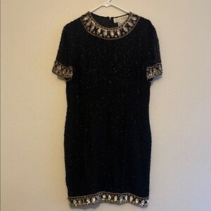 Vintage A.J Bari 100% silk, fully beaded, cocktail mini dress, shoulder pads